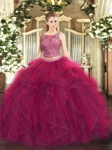 Beauteous Sleeveless Tulle Floor Length Lace Up 15th Birthday Dress in Fuchsia with Beading and Ruffles