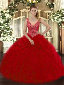 Top Selling Wine Red Ball Gowns Beading and Ruffles Quinceanera Gowns Zipper Organza Sleeveless Floor Length