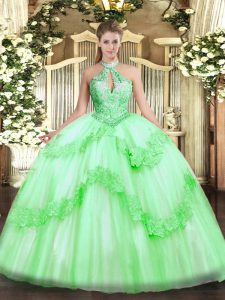 Apple Green Sleeveless Floor Length Appliques and Sequins Lace Up 15 Quinceanera Dress