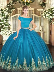 Teal Off The Shoulder Neckline Appliques Vestidos de Quinceanera Short Sleeves Zipper