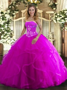 Clearance Fuchsia Sleeveless Tulle Lace Up Sweet 16 Dress for Military Ball and Sweet 16 and Quinceanera