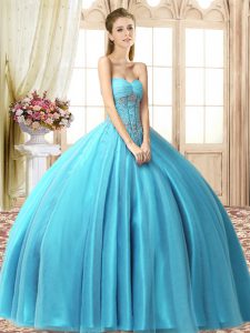 Artistic Aqua Blue Ball Gown Prom Dress Military Ball and Sweet 16 and Quinceanera with Beading Sweetheart Sleeveless Lace Up