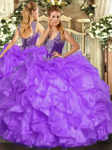 Flare Lavender Sweet 16 Dress Military Ball and Sweet 16 and Quinceanera with Beading and Ruffles Straps Sleeveless Lace Up