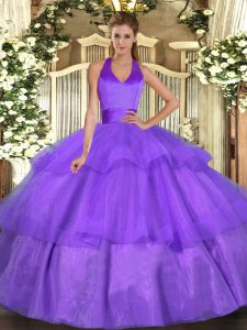 Custom Design Ruffled Layers Quinceanera Gowns Lavender Lace Up Sleeveless Floor Length