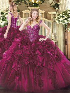 Fuchsia Sleeveless Floor Length Beading and Ruffles Lace Up Quinceanera Gown