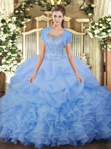 Romantic Ball Gowns Vestidos de Quinceanera Aqua Blue Scoop Tulle Sleeveless Floor Length Clasp Handle