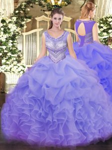 Cute Organza Scoop Sleeveless Lace Up Beading and Ruffles and Pick Ups Quinceanera Gown in Lavender