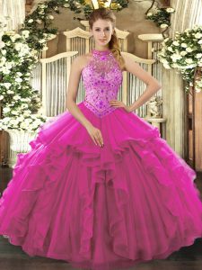 Adorable Fuchsia Ball Gowns Beading and Ruffles 15 Quinceanera Dress Lace Up Organza Sleeveless Floor Length