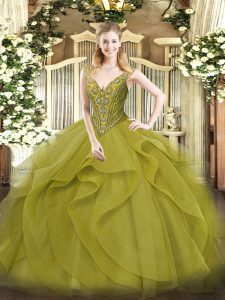 Trendy V-neck Sleeveless Tulle Quinceanera Gown Beading and Ruffles Lace Up