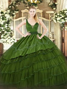 Nice Dark Green Organza and Taffeta Zipper Vestidos de Quinceanera Sleeveless Floor Length Beading and Embroidery and Ruffled Layers