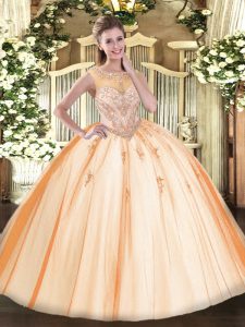 Eye-catching Sleeveless Floor Length Beading and Appliques Zipper Ball Gown Prom Dress with Peach
