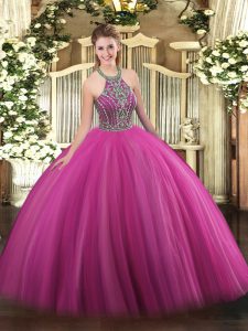 Floor Length Ball Gowns Sleeveless Hot Pink 15th Birthday Dress Lace Up