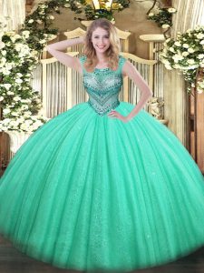 Enchanting Floor Length Turquoise Vestidos de Quinceanera Scoop Sleeveless Lace Up