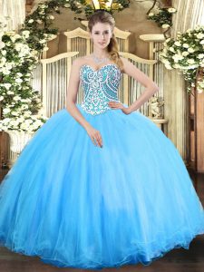 Modest Floor Length Aqua Blue Sweet 16 Quinceanera Dress Sweetheart Sleeveless Lace Up