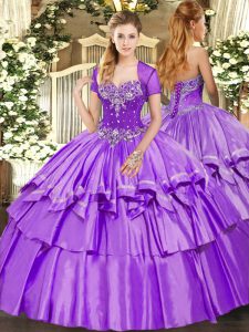Suitable Lavender Sweetheart Neckline Beading and Ruffled Layers Sweet 16 Quinceanera Dress Sleeveless Lace Up