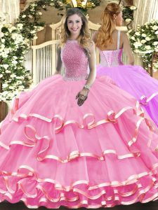 Organza High-neck Sleeveless Lace Up Beading and Ruffled Layers Sweet 16 Quinceanera Dress in Rose Pink