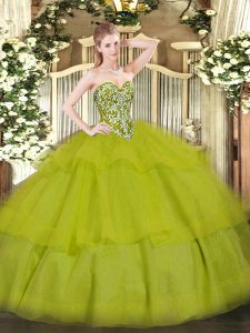 Olive Green Tulle Lace Up Sweetheart Sleeveless Floor Length Sweet 16 Quinceanera Dress Beading and Ruffled Layers