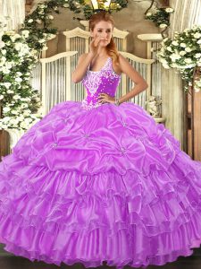 Decent Floor Length Lace Up Quinceanera Dresses Lilac for Military Ball and Sweet 16 and Quinceanera with Beading and Ruffled Layers and Pick Ups