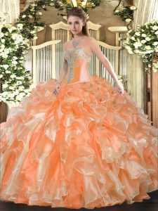 Sleeveless Organza Floor Length Lace Up Vestidos de Quinceanera in Orange with Beading and Ruffles
