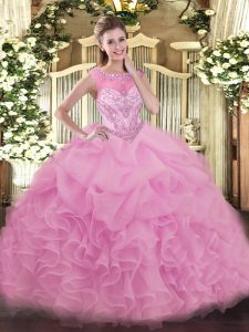 Super Lilac Sleeveless Floor Length Beading and Ruffles Lace Up 15 Quinceanera Dress