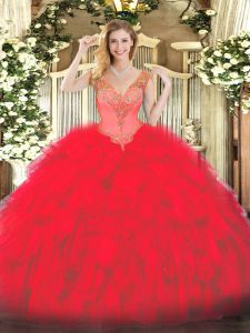 Fashion V-neck Sleeveless 15 Quinceanera Dress Floor Length Beading and Ruffles Red Organza
