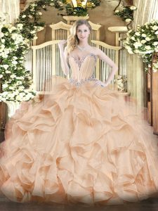 Peach Organza Lace Up Sweetheart Sleeveless Floor Length Quinceanera Dresses Beading and Ruffles