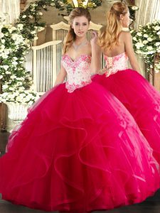 Comfortable Hot Pink Sleeveless Beading and Ruffles Floor Length Vestidos de Quinceanera
