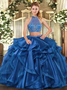 Excellent Blue Quinceanera Gown Military Ball and Sweet 16 and Quinceanera with Beading and Ruffled Layers Halter Top Sleeveless Criss Cross
