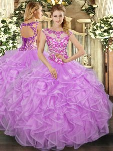 Fine Ball Gowns 15th Birthday Dress Lilac Scoop Organza Cap Sleeves Floor Length Lace Up