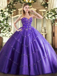New Arrival Sleeveless Floor Length Appliques and Embroidery Lace Up Ball Gown Prom Dress with Purple