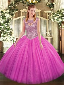 Best Fuchsia Lace Up Scoop Beading Quinceanera Dresses Tulle Sleeveless