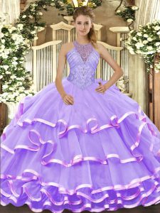 Beading and Ruffled Layers 15th Birthday Dress Lavender Lace Up Sleeveless Floor Length