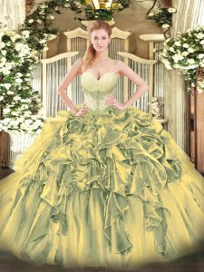 Deluxe Organza Sweetheart Sleeveless Lace Up Beading and Ruffles Vestidos de Quinceanera in Olive Green