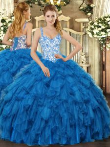 Floor Length Lace Up Sweet 16 Dress Blue for Sweet 16 and Quinceanera with Beading and Ruffles
