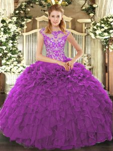 Excellent Floor Length Eggplant Purple Quinceanera Dresses Scoop Cap Sleeves Lace Up
