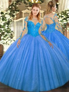 Fine Floor Length Ball Gowns Long Sleeves Baby Blue Sweet 16 Dresses Lace Up