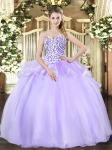 Best Selling Lavender Organza Lace Up Sweet 16 Dresses Sleeveless Floor Length Beading