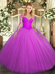 Fuchsia Long Sleeves Lace Floor Length 15th Birthday Dress