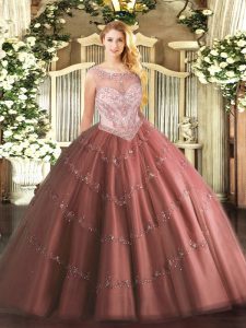 Floor Length Zipper Quinceanera Gowns Brown for Military Ball and Sweet 16 and Quinceanera with Beading and Appliques