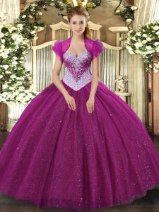 Customized Fuchsia Tulle Lace Up Sweetheart Sleeveless Floor Length Quince Ball Gowns Beading and Sequins