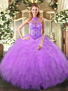 Lavender Lace Up Halter Top Beading and Ruffles Sweet 16 Dress Organza Sleeveless