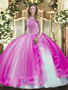 Modern Tulle High-neck Sleeveless Lace Up Beading and Ruffles 15th Birthday Dress in Fuchsia