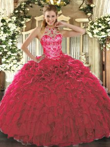 Organza Sleeveless Floor Length Ball Gown Prom Dress and Beading and Ruffles