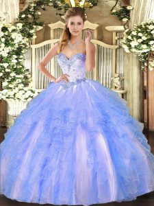 Sweet Tulle Sweetheart Sleeveless Lace Up Beading and Ruffles Quince Ball Gowns in Blue And White