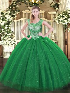 Beauteous Sleeveless Tulle Floor Length Lace Up Quinceanera Gown in Dark Green with Beading and Sequins