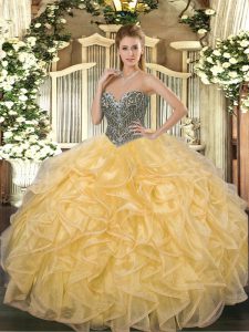 Modern Floor Length Gold 15th Birthday Dress Organza Sleeveless Beading and Ruffles