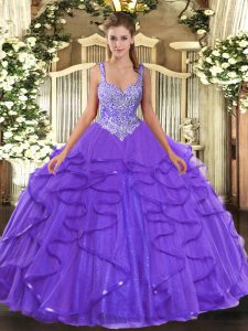High Class Tulle Straps Sleeveless Lace Up Beading and Ruffles Quince Ball Gowns in Lavender