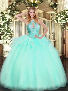 Aqua Blue Lace Up Quinceanera Gown Beading Sleeveless Floor Length