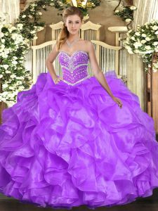 Floor Length Lavender Vestidos de Quinceanera Organza Sleeveless Beading and Ruffles