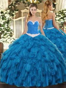 Organza Sweetheart Sleeveless Lace Up Appliques and Ruffles Vestidos de Quinceanera in Blue